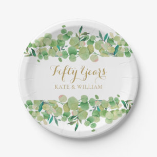Eucalyptus Greenery 50th Gold Wedding Anniversary Paper Plate