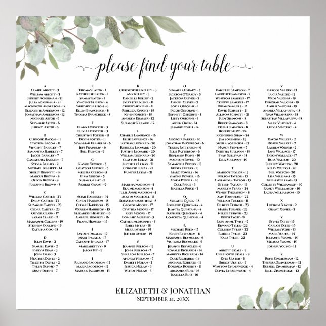 Eucalyptus Greenery Alphabetical Seating Chart (Front)