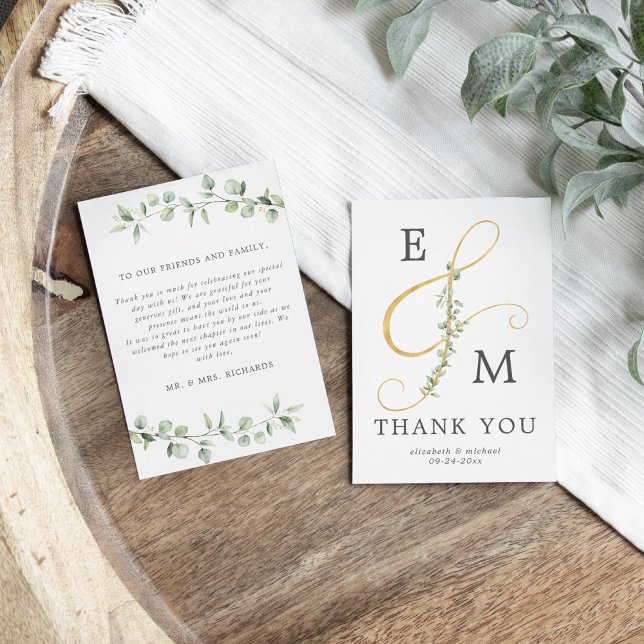 Eucalyptus Greenery Ampersand Monogram Wedding Thank You Card (Creator Uploaded)