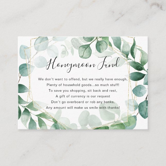 Eucalyptus Greenery and Gold Frame Honeymoon Fund  Enclosure Card (Front)
