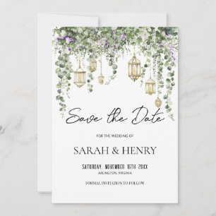 Eucalyptus Greenery and Gold Lantern Wedding Invitation