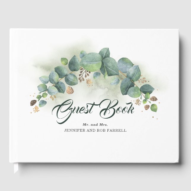 Eucalyptus Greenery and Gold Leaves Elegant Guest Book (Front)
