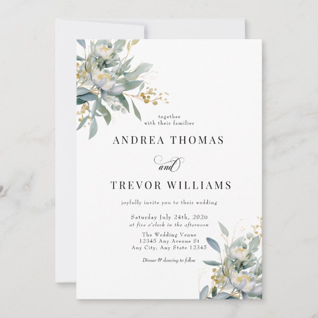 Eucalyptus Greenery and Gold Wedding Invitations (Front)