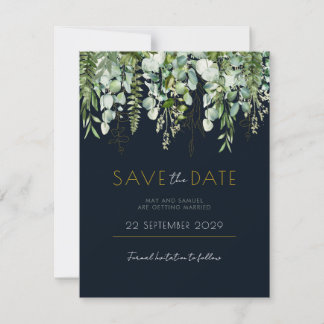 Eucalyptus Greenery and Navy Save the Date invite