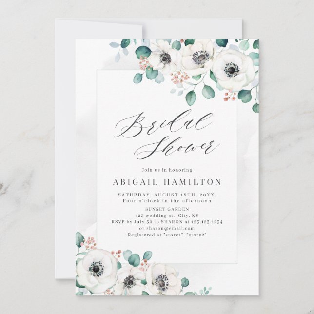 Eucalyptus greenery anemone floral bridal shower i invitation (Front)