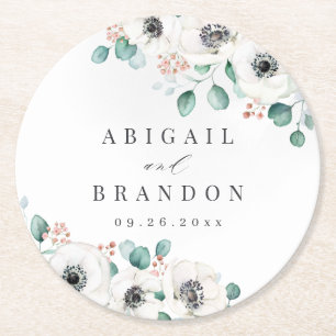 Eucalyptus Greenery anemone floral rustic wedding Round Paper Coaster