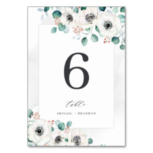 Eucalyptus greenery anemone floral wedding table table number