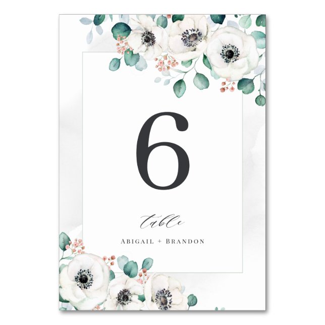 Eucalyptus greenery anemone floral wedding  table  table number (Front)