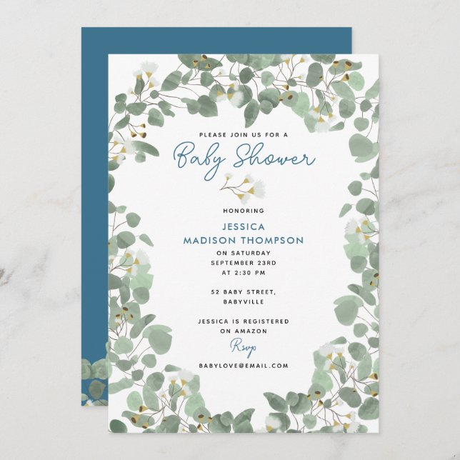 Eucalyptus Greenery Baby Boy Blue Baby Shower Invitation (Front/Back)