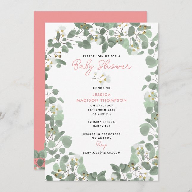 Eucalyptus Greenery Baby Girl Pink Baby Shower Invitation (Front/Back)