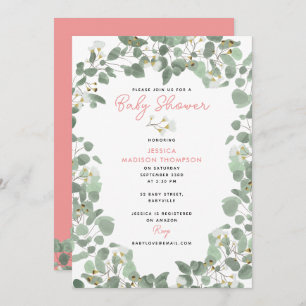 Eucalyptus Greenery Baby Girl Pink Baby Shower Invitation