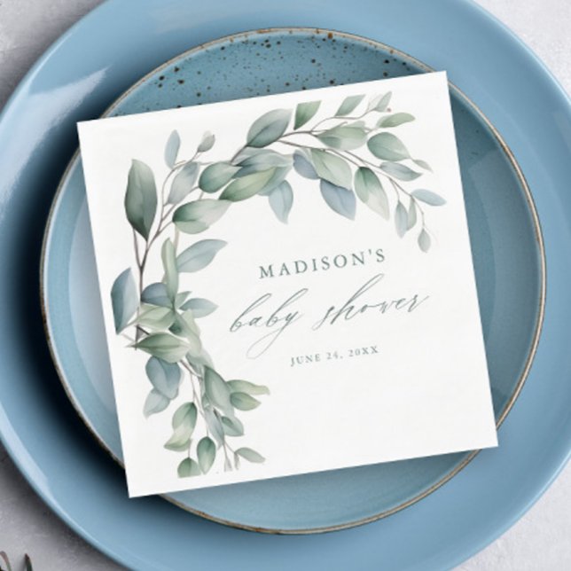 Eucalyptus Greenery Baby Shower Napkin (Elegant Eucalyptus Greenery Script Baby Shower Napkins.)