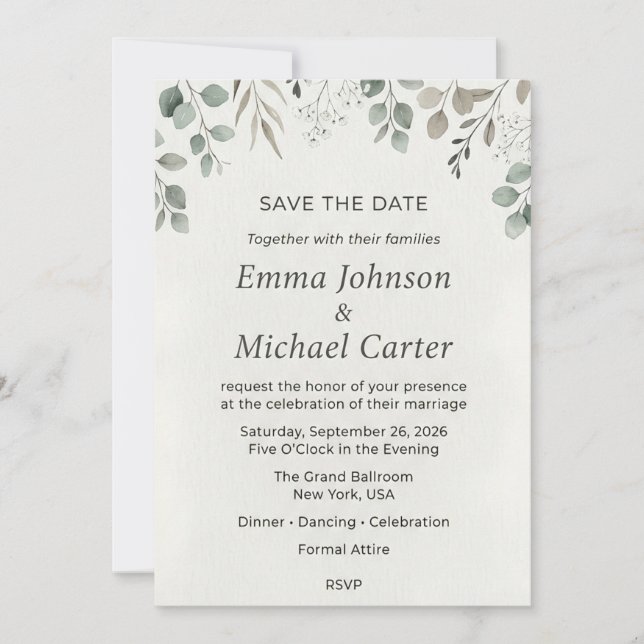 Eucalyptus Greenery & Baby's Breath Save Invitation (Front)