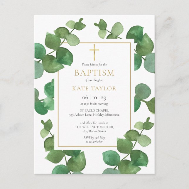 Eucalyptus Greenery Baptism Christening Invitation (Front)