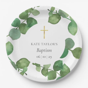 Eucalyptus Greenery Baptism Christening Paper Plate