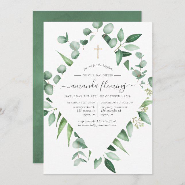 Eucalyptus Greenery Baptism or Christening Invitation (Front/Back)