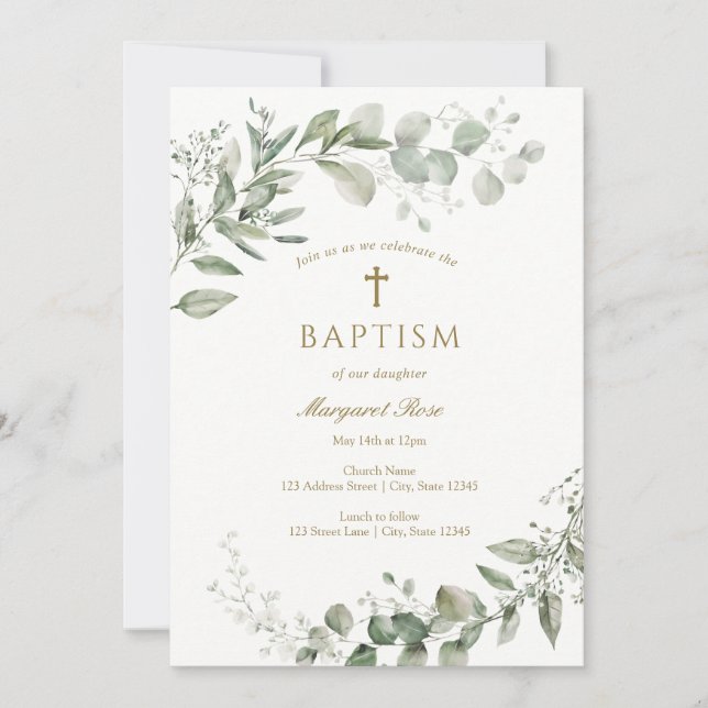Eucalyptus Greenery Baptism Religious Invitation (Front)