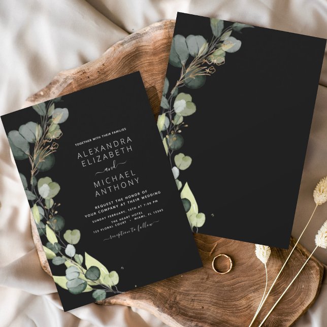 Eucalyptus Greenery Black Elegant Wedding Invitation (Creator Uploaded)