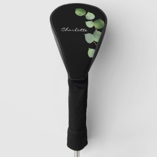 Eucalyptus greenery black name script golf head cover