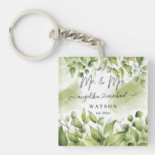 Eucalyptus Greenery Blush Modern Trendy Script Key Ring