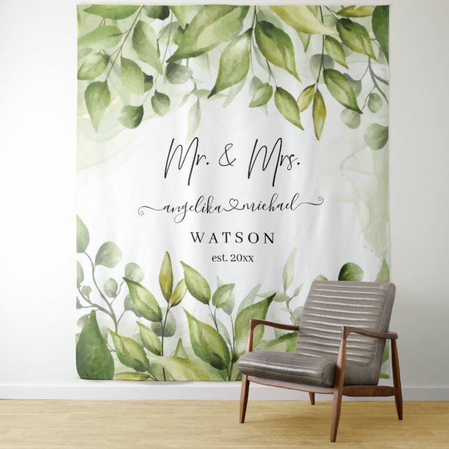 Eucalyptus Greenery Blush Modern Trendy Script Mr. Tapestry (In Situ)