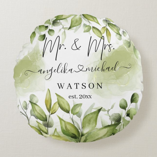 Eucalyptus Greenery Blush Modern Trendy Script Round Cushion (Front)
