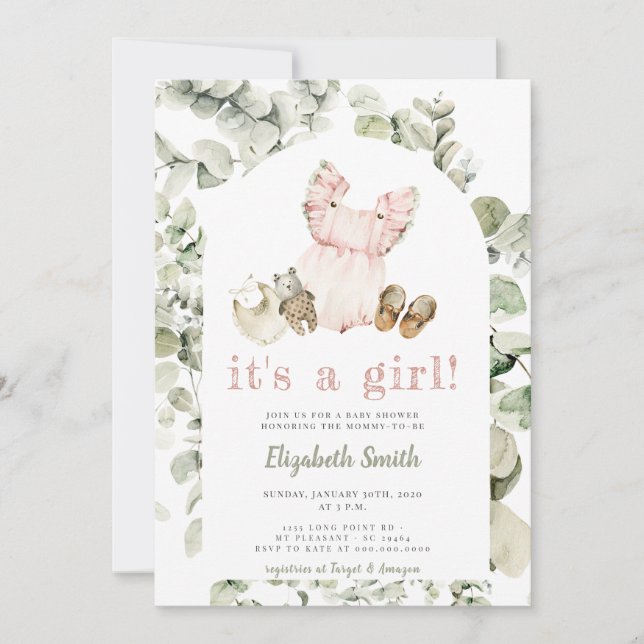 Eucalyptus Greenery Boho It's a Girl Baby Shower Invitation (Front)