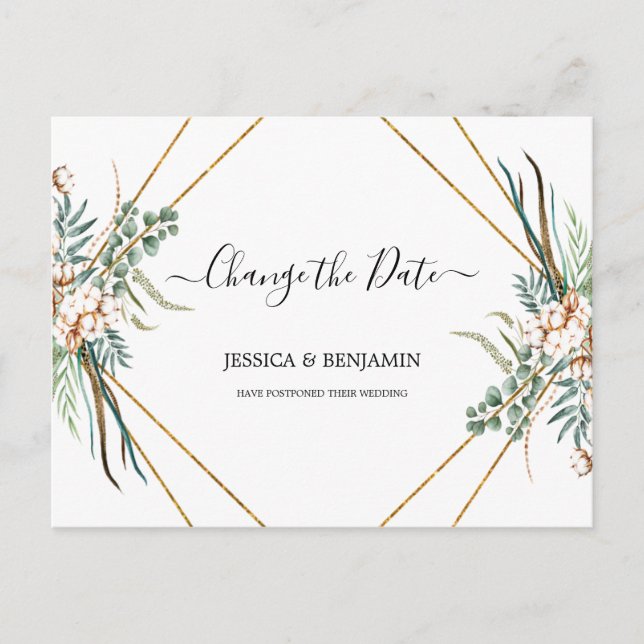 Eucalyptus Greenery Boho Script Change the Date Postcard (Front)