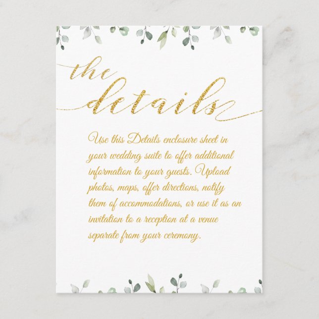 Eucalyptus Greenery Border Gold Wedding Details Enclosure Card (Front)