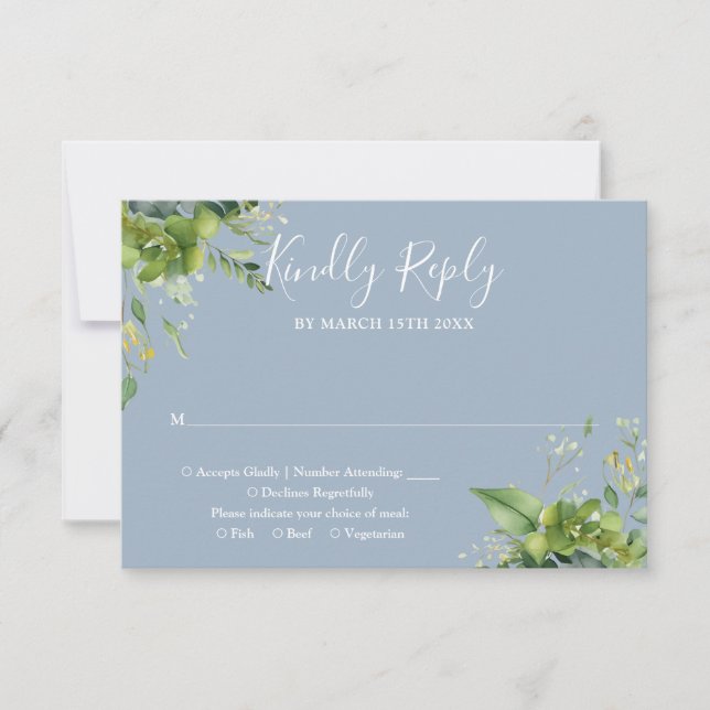 Eucalyptus Greenery Botanical Dusty Blue Wedding RSVP Card (Front)