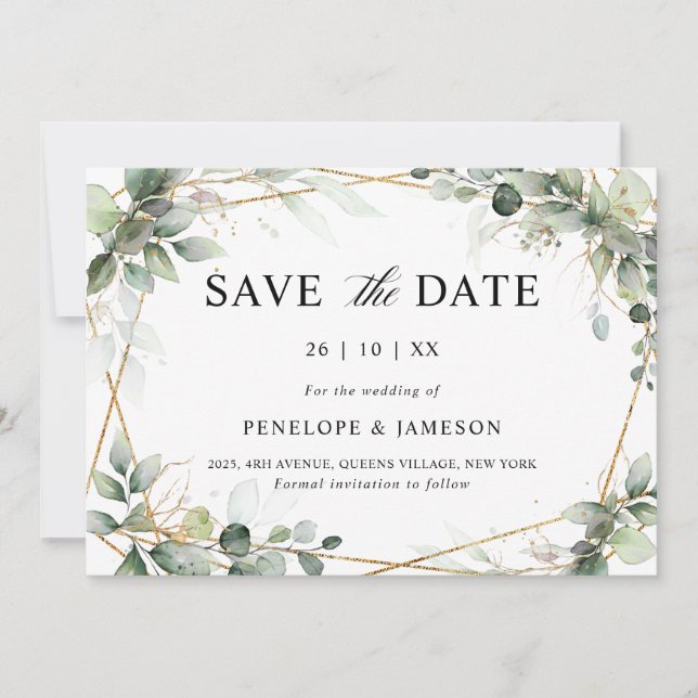 Eucalyptus Greenery Botanical Geometric Wedding Sa Save The Date (Front)