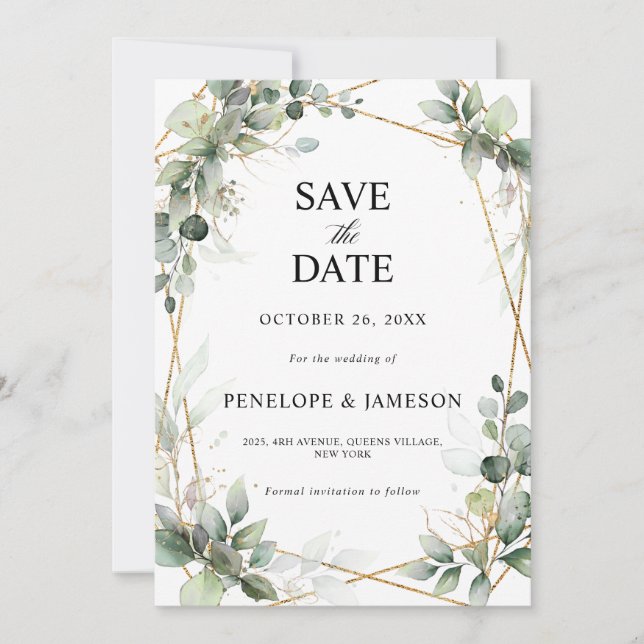 Eucalyptus Greenery Botanical Geometric Wedding Save The Date (Front)