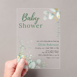 Eucalyptus Greenery Botanical Gold Baby Shower Acrylic Invitations