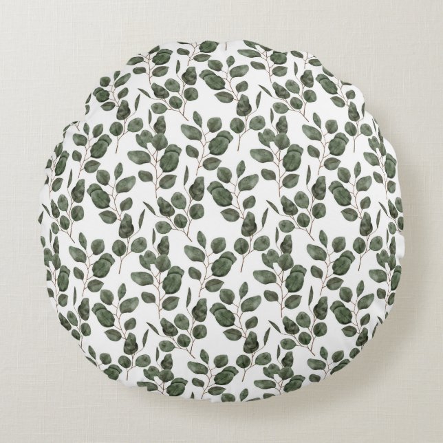 Eucalyptus Greenery Botanical Green White Trendy Round Cushion (Front)