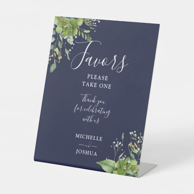 Eucalyptus Greenery Botanical Navy Blue Favours Pedestal Sign (Front)