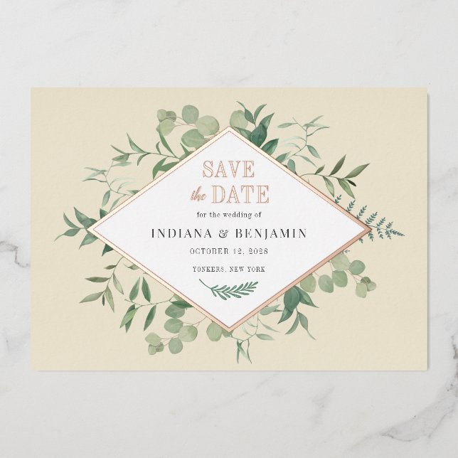 Eucalyptus Greenery Botanical Save the Date Gold (Front)