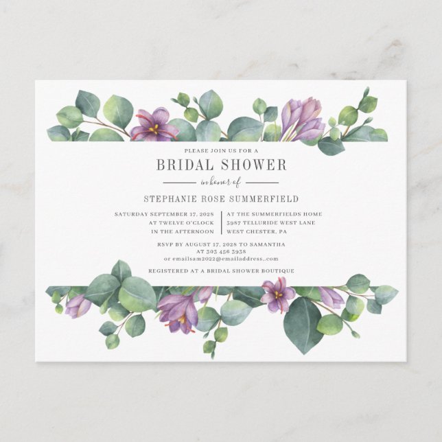 Eucalyptus Greenery Botanical Script Bridal Shower Invitation Postcard (Front)