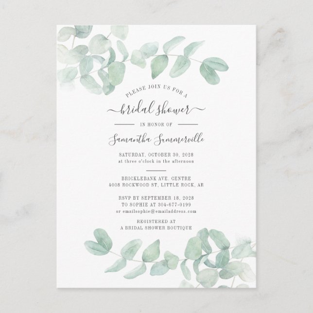 Eucalyptus Greenery Botanical Script Bridal Shower Invitation Postcard (Front)