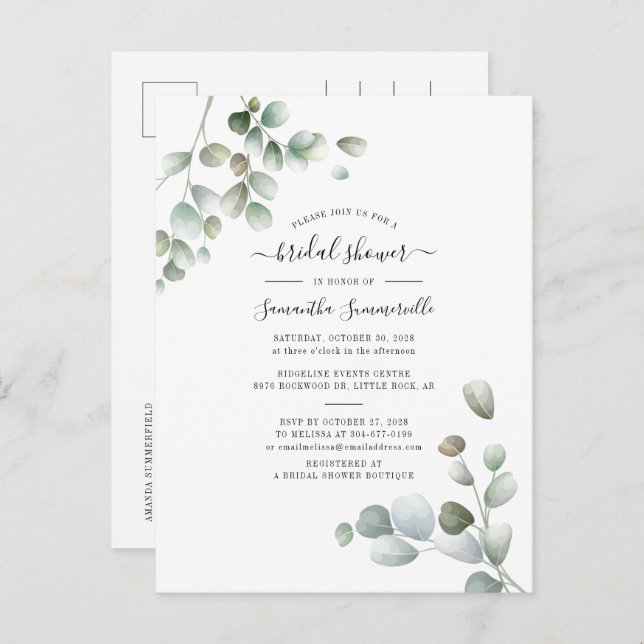Eucalyptus Greenery Botanical Script Bridal Shower Invitation Postcard (Front/Back)