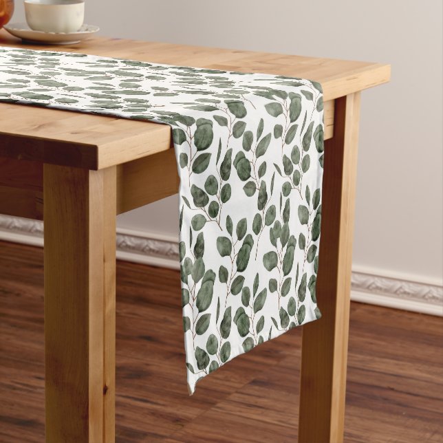 Eucalyptus Greenery Botanical Trendy Green White  Short Table Runner (In Situ)