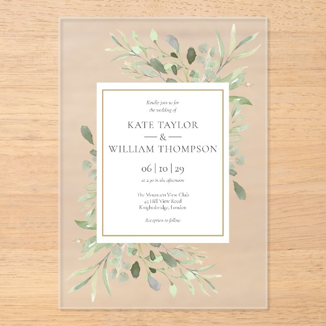 Eucalyptus Greenery Botanical Watercolor Wedding Acrylic Invitations (Front)
