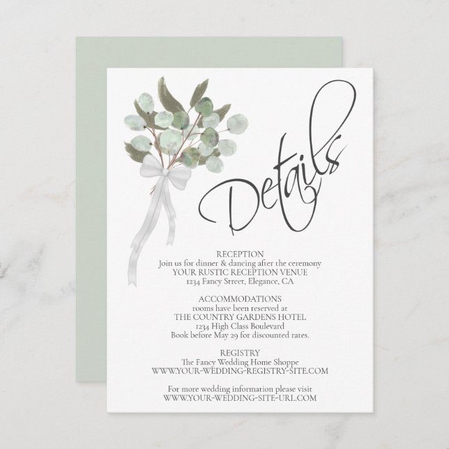 Eucalyptus & Greenery Bouquet Wedding Details Enclosure Card (Front/Back)