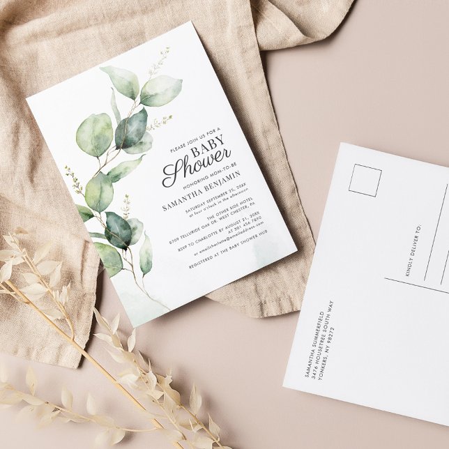 Eucalyptus Greenery Boy Baby Shower Invitation Postcard (Eucalyptus Baby Shower Invitation Postcard)