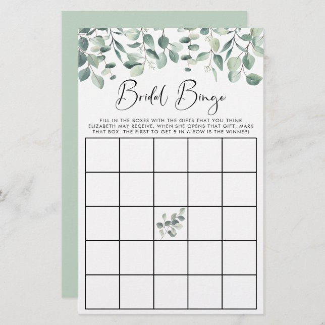 Eucalyptus Greenery Bridal Bingo Shower Game (Front/Back)