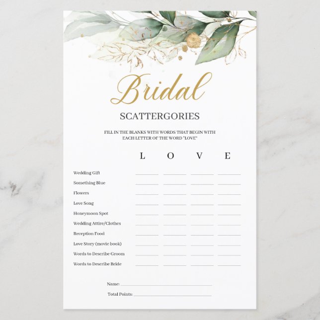 Eucalyptus greenery bridal Scattergories game (Front)