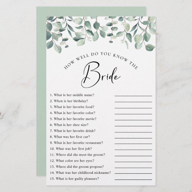 Eucalyptus Greenery Bridal Shower Game (Front/Back)