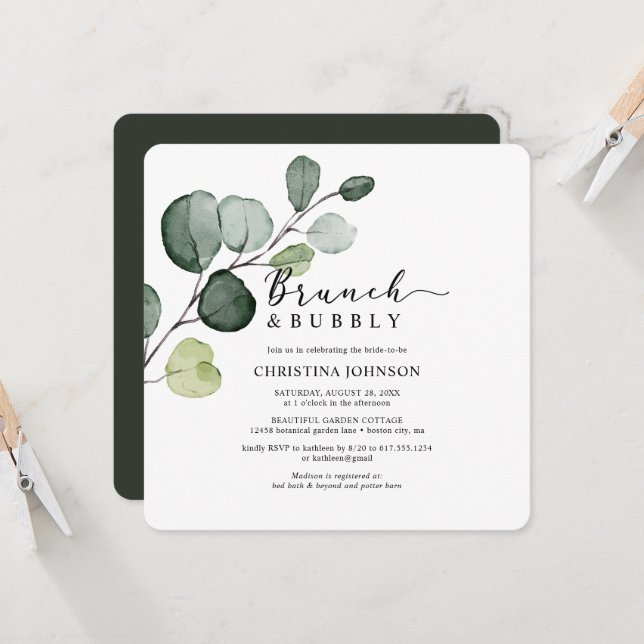 Eucalyptus Greenery Brunch Bubbly Bridal Shower Invitation (Front/Back In Situ)