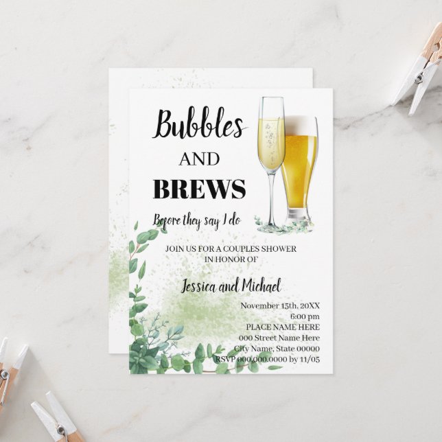 Eucalyptus Greenery Bubble & Brews Couples Shower  Invitation (Front/Back In Situ)