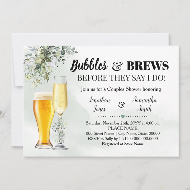 Eucalyptus greenery bubbles and brews shower invitation (Front)