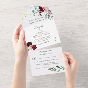 Eucalyptus Greenery Burgundy Floral Rustic Wedding All In One Invitation
